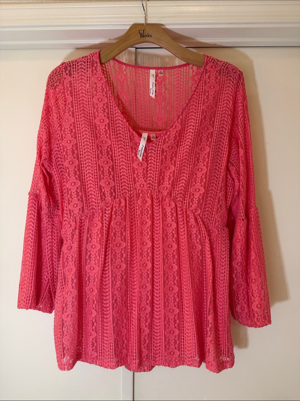 Women's Pink Lace Peasant Top with spaghetti strap top. 2 piece with snap